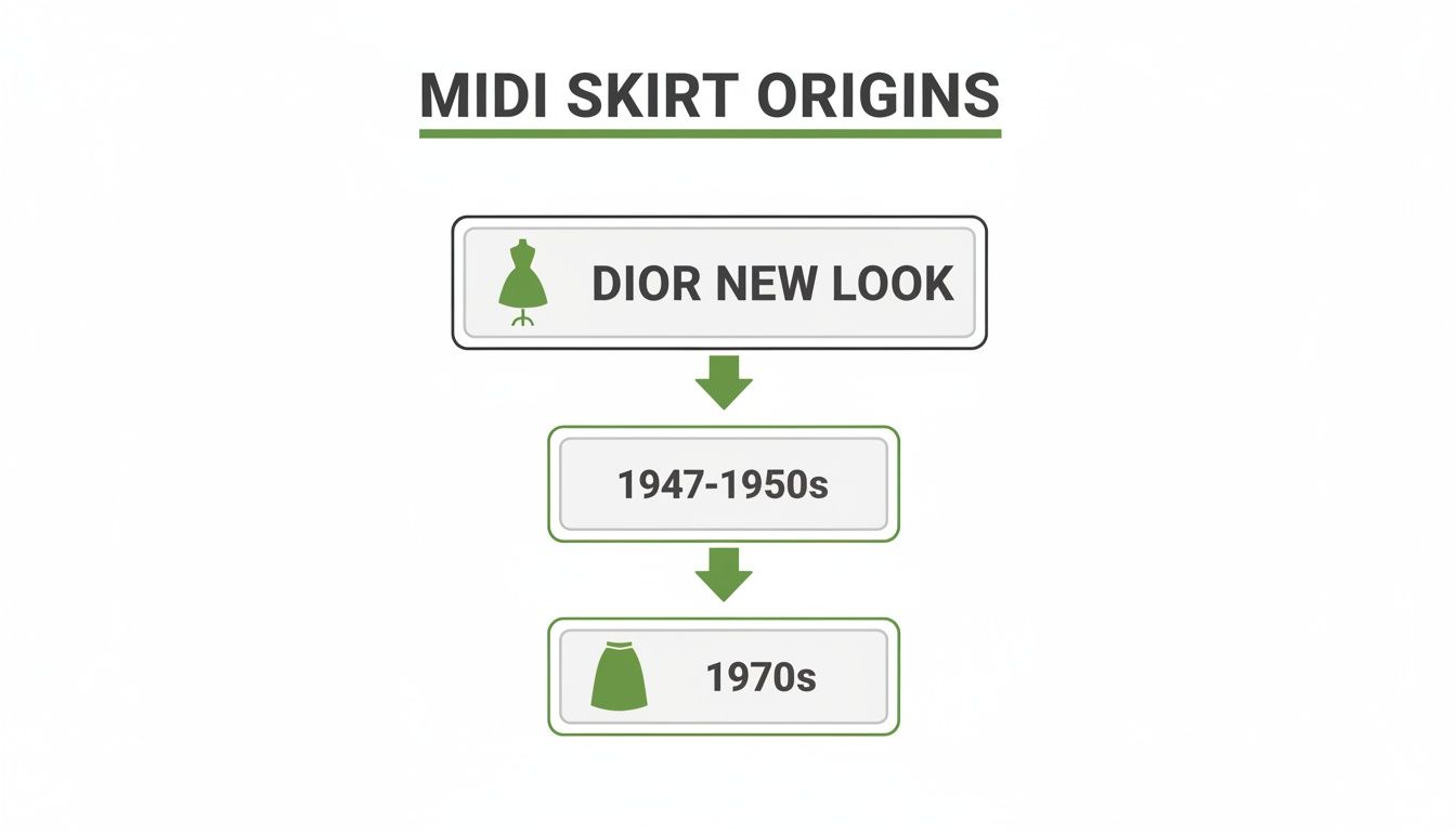 Flowchart showing the origins of the midi skirt from Dior New Look (1947-1950s) to the 1970s.