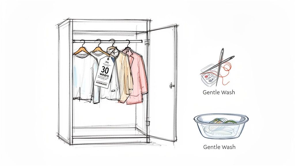 Illustration of a wardrobe with clothes, '30 wears' tag, and icons for repair and gentle washing, promoting clothing longevity.