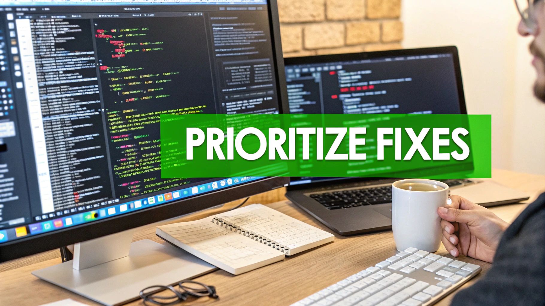 A software developer working on code across two monitors, with a banner stating 'PRIORITIZE FIXES'.