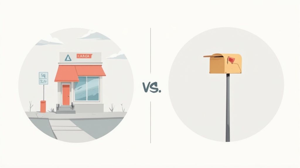 A woman stands outside a modern storefront, looking at her phone, representing a business's physical location. Next to it, a separate image shows a sleek, modern mailbox, representing a mailing address.