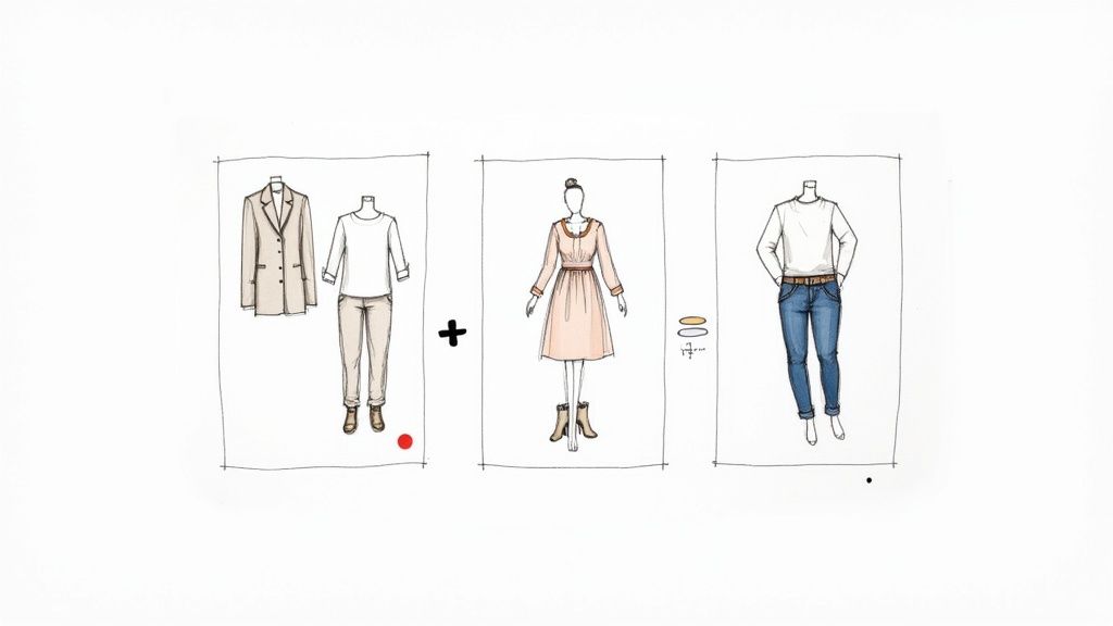 Sketches of three distinct casual and semi-formal women's outfits for style inspiration.