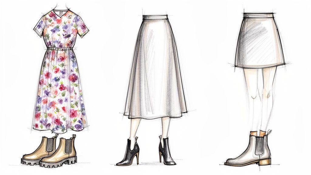 Three fashion illustrations showing how to style ankle boots with a floral dress, midi skirt, and mini skirt.