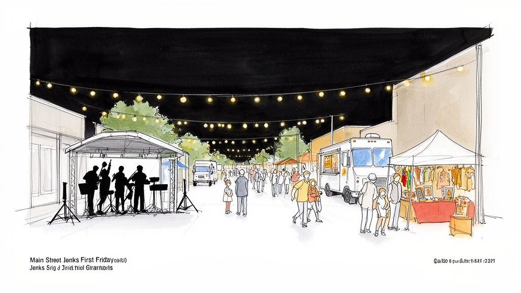 Night view of Jenks First Friday street festival with live band, food trucks, and string lights.