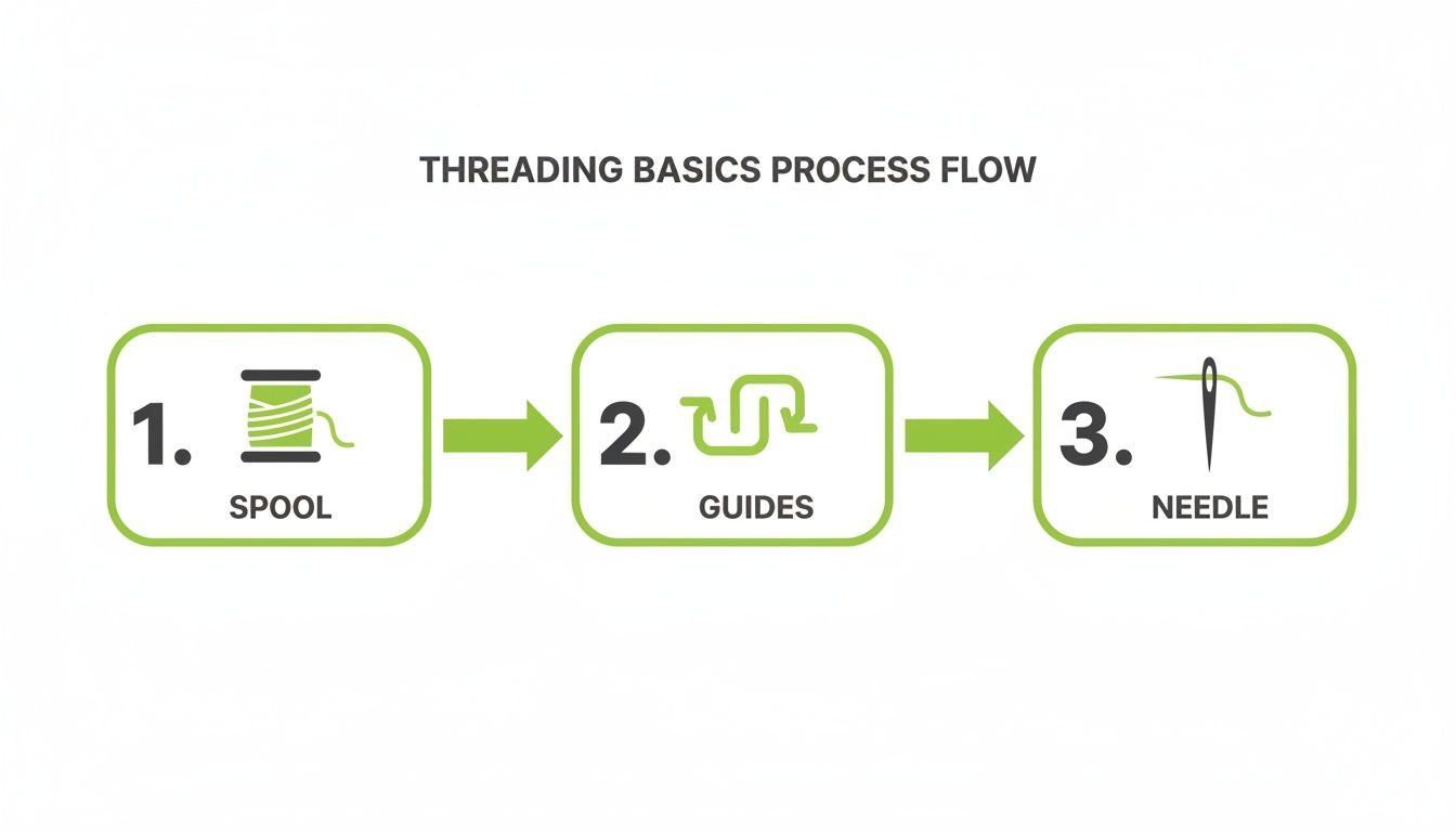 A diagram illustrating the three basic steps of threading: spool, guides, and needle.