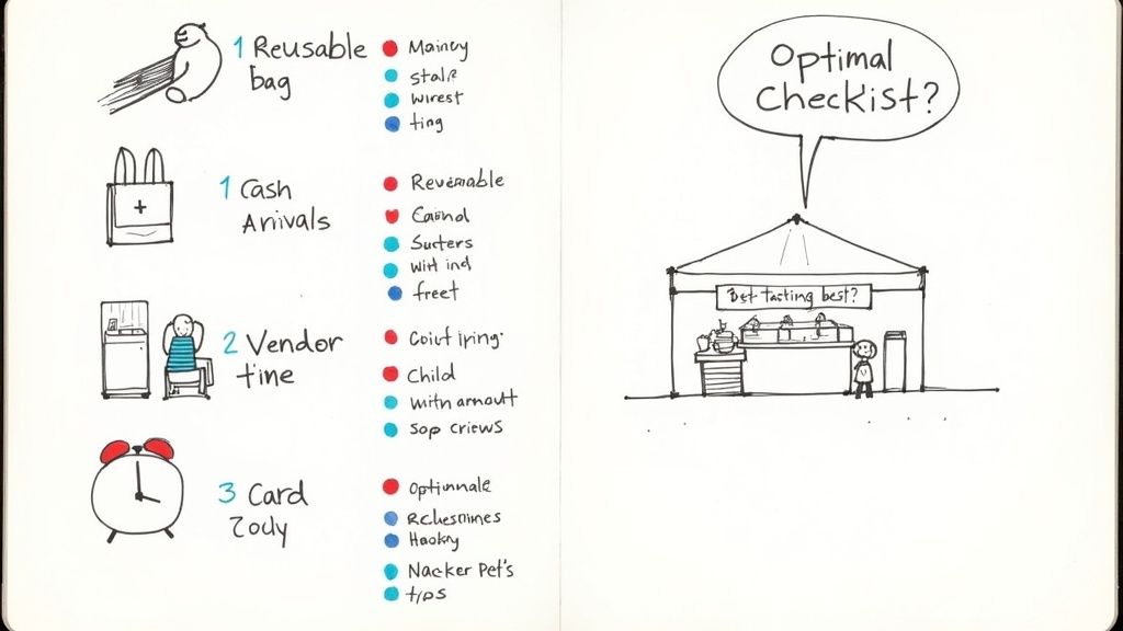 Hand-drawn sketch of a market checklist with items like reusable bag, cash, and vendor time, next to a market stall.