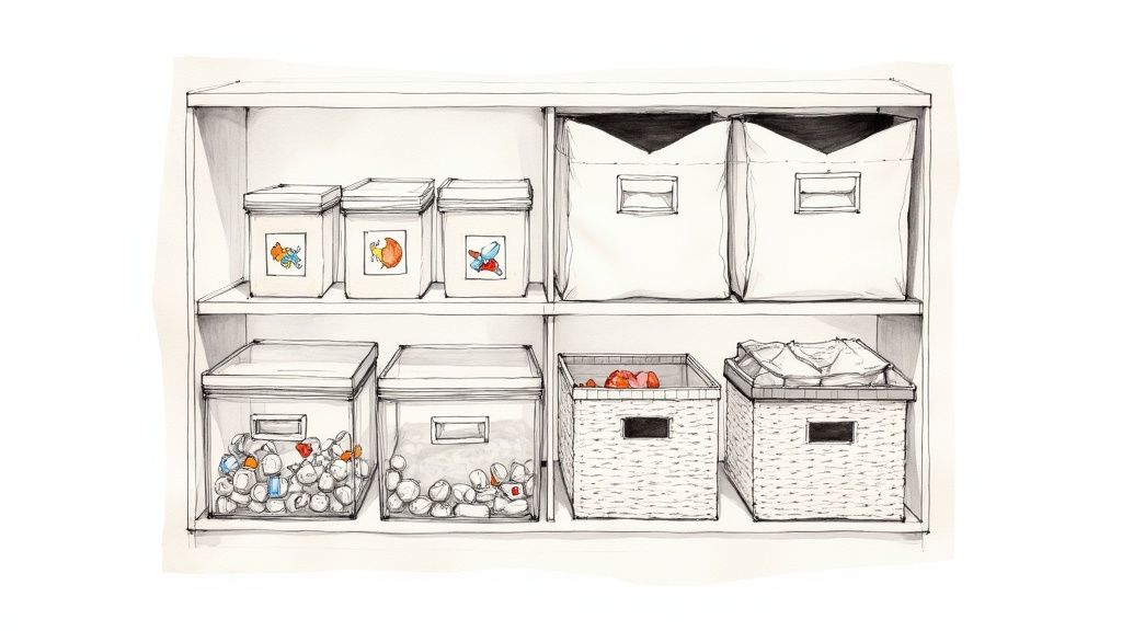 A child's hand reaches into a white cube storage shelf to grab a colorful wooden toy.