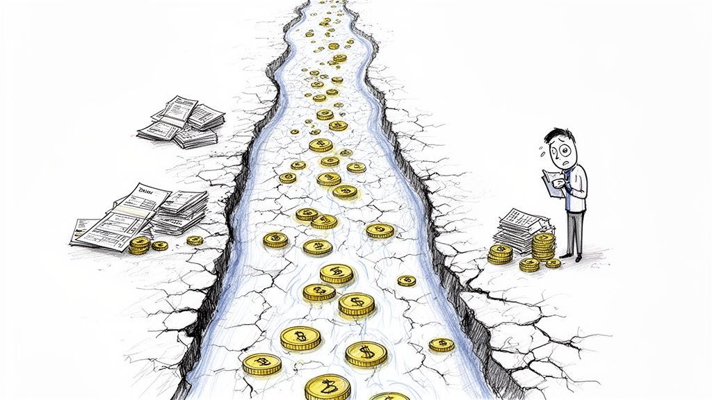 A worried man reviews bills next to a money river flowing through cracked ground, symbolizing cash flow issues.