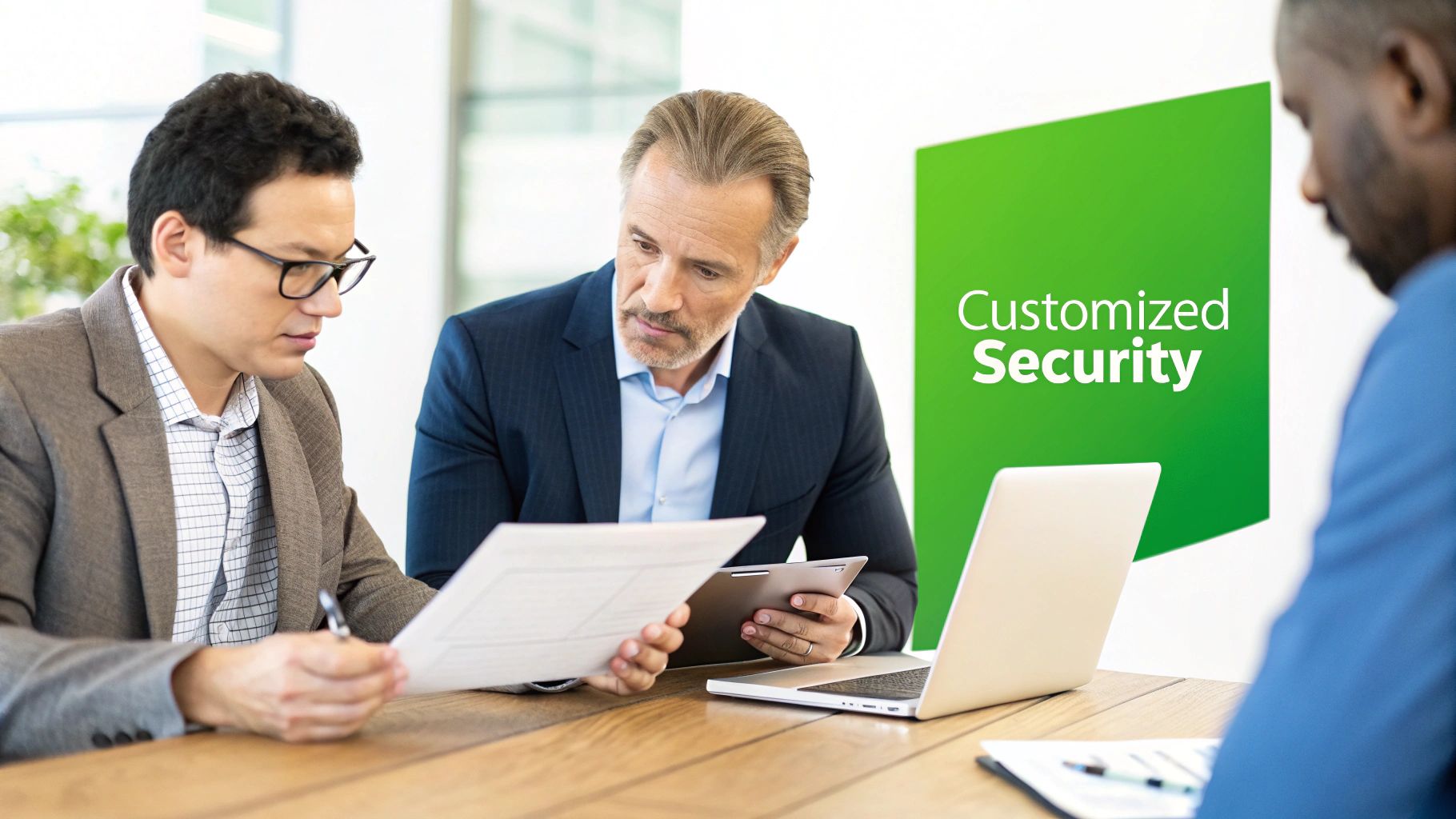 Three professionals discuss documents and a tablet at a table, with a &#39;Customized Security&#39; sign.