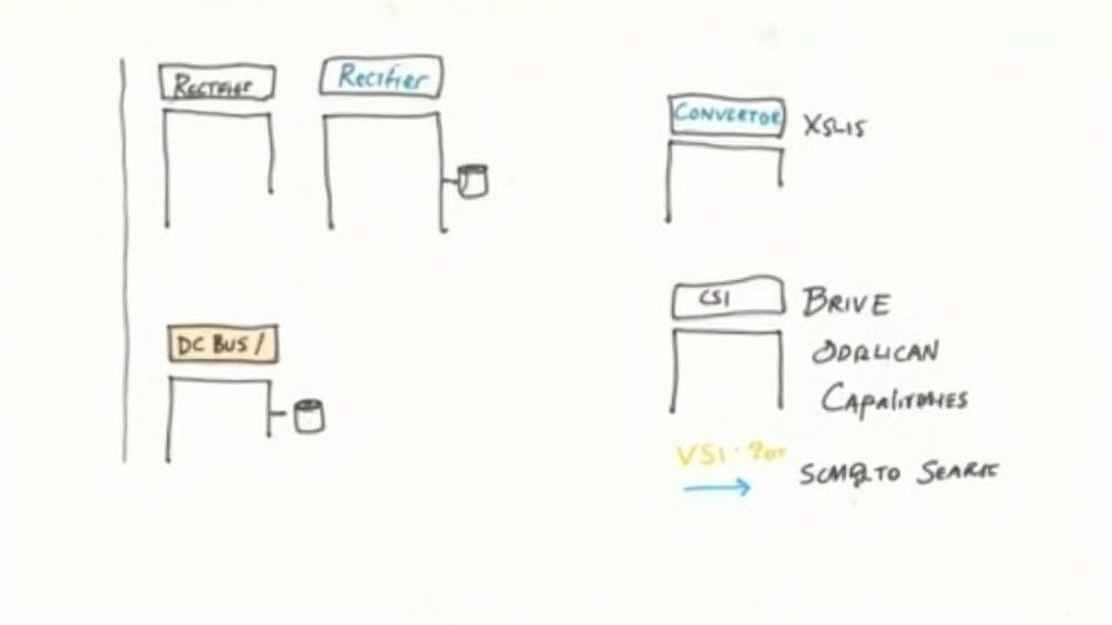 Hand-drawn diagram of an electrical power system showing rectifiers, a DC bus, a convertor, and CSI components.