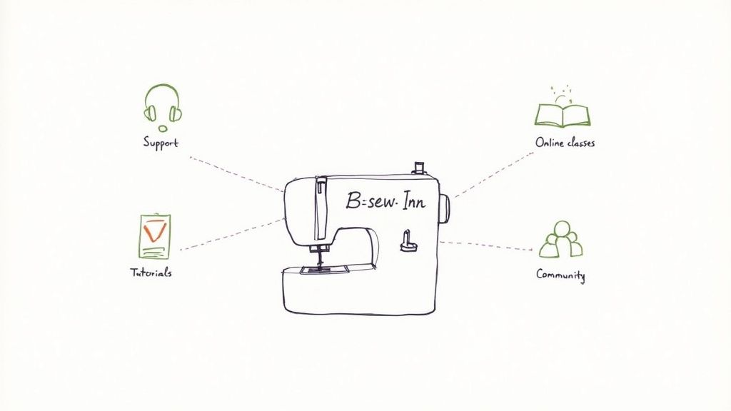 A hand-drawn diagram with a sewing machine labeled 'B=sew. Inn' connected to icons for support, tutorials, online classes, and community.