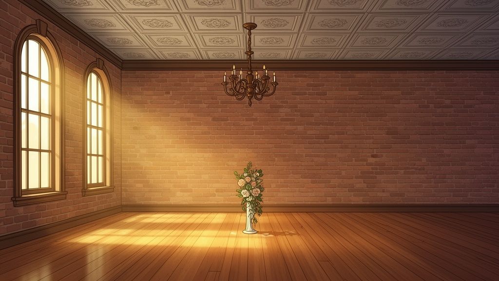 An elegant, sunlit event room with brick walls, arched windows, a chandelier, and flowers.