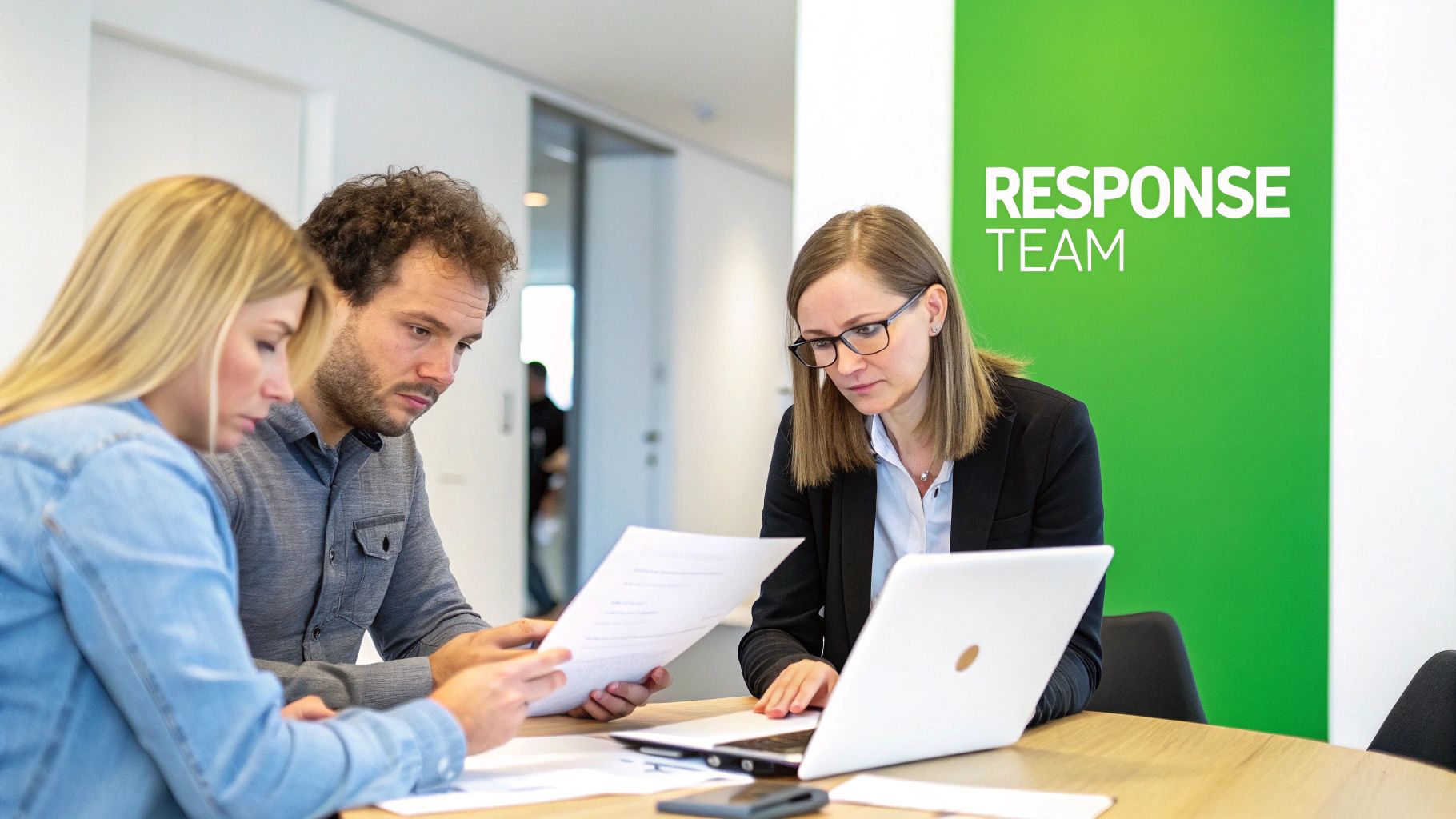 A response team of three professionals collaborating around a table with a laptop and documents.