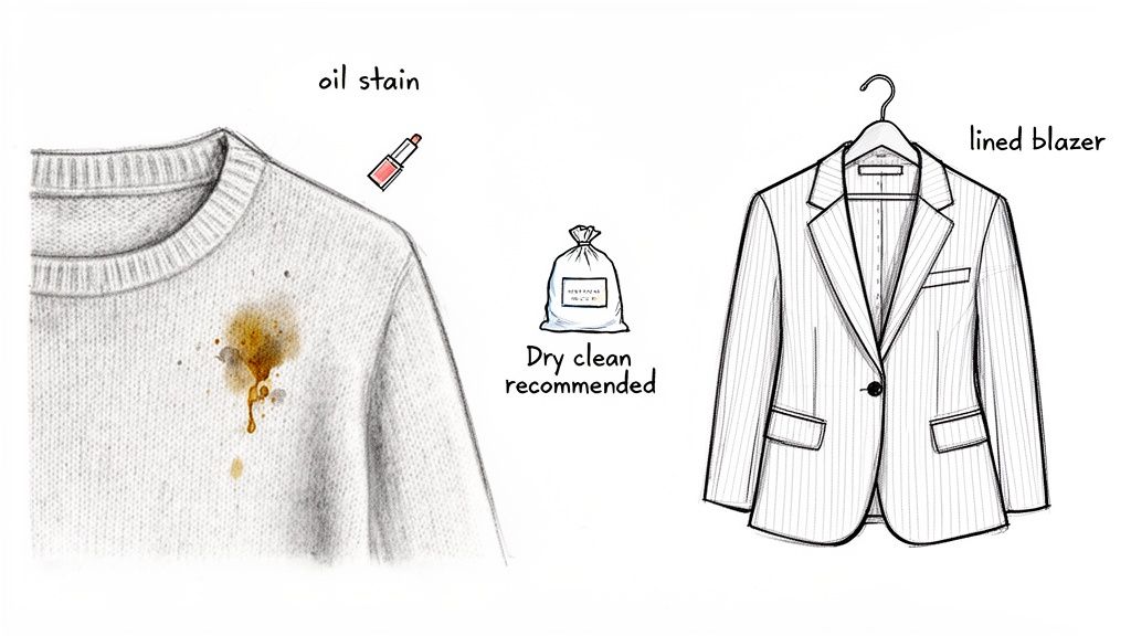 Illustration showing an oil-stained white sweater with lipstick, a 'dry clean recommended' bag, and a lined blazer.