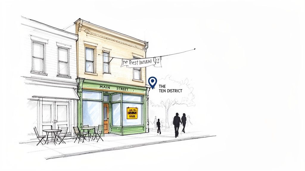 Hand-drawn illustration of a bustling Main Street with boutique shops, a map pin, and pedestrians.