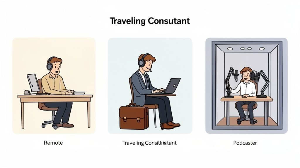 Three professionals in realistic work settings: one working remotely from a modern home office, another on a laptop during travel, and a third recording in a professional podcast studio.