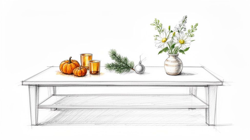 Hand-drawn coffee table sketch with autumn pumpkins, candles, a pine branch, an ornament, and white flowers.