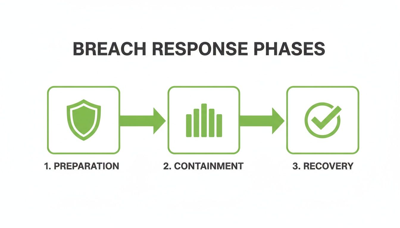 A flowchart illustrating the three critical phases of a data breach response: preparation, containment, and recovery.