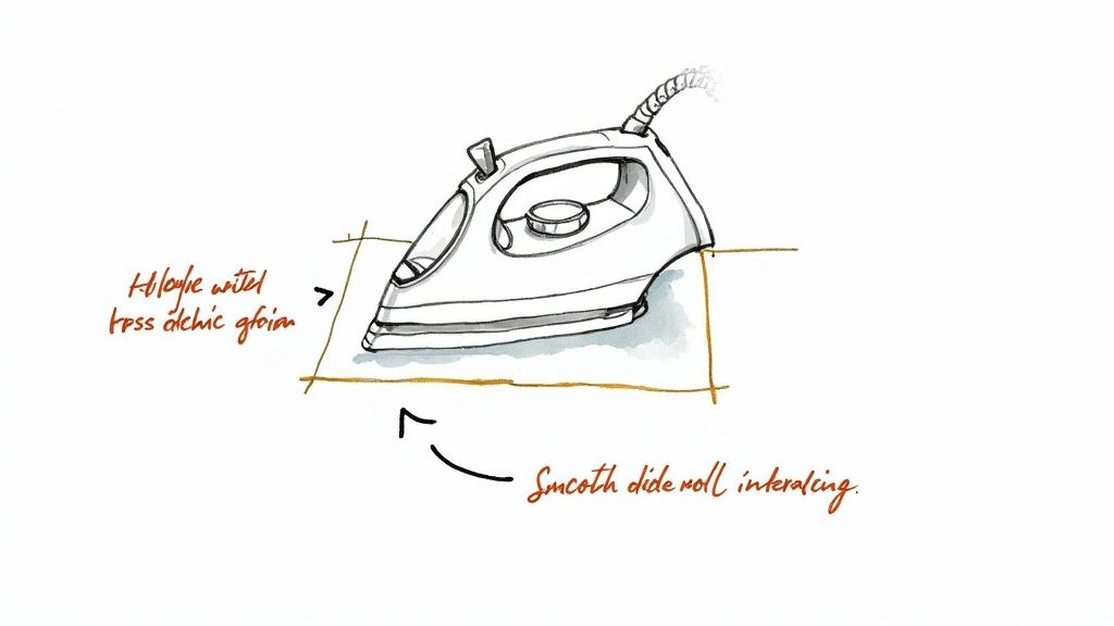 A sewer carefully pressing a hot iron onto fabric with fusible interfacing, using a press cloth for protection.