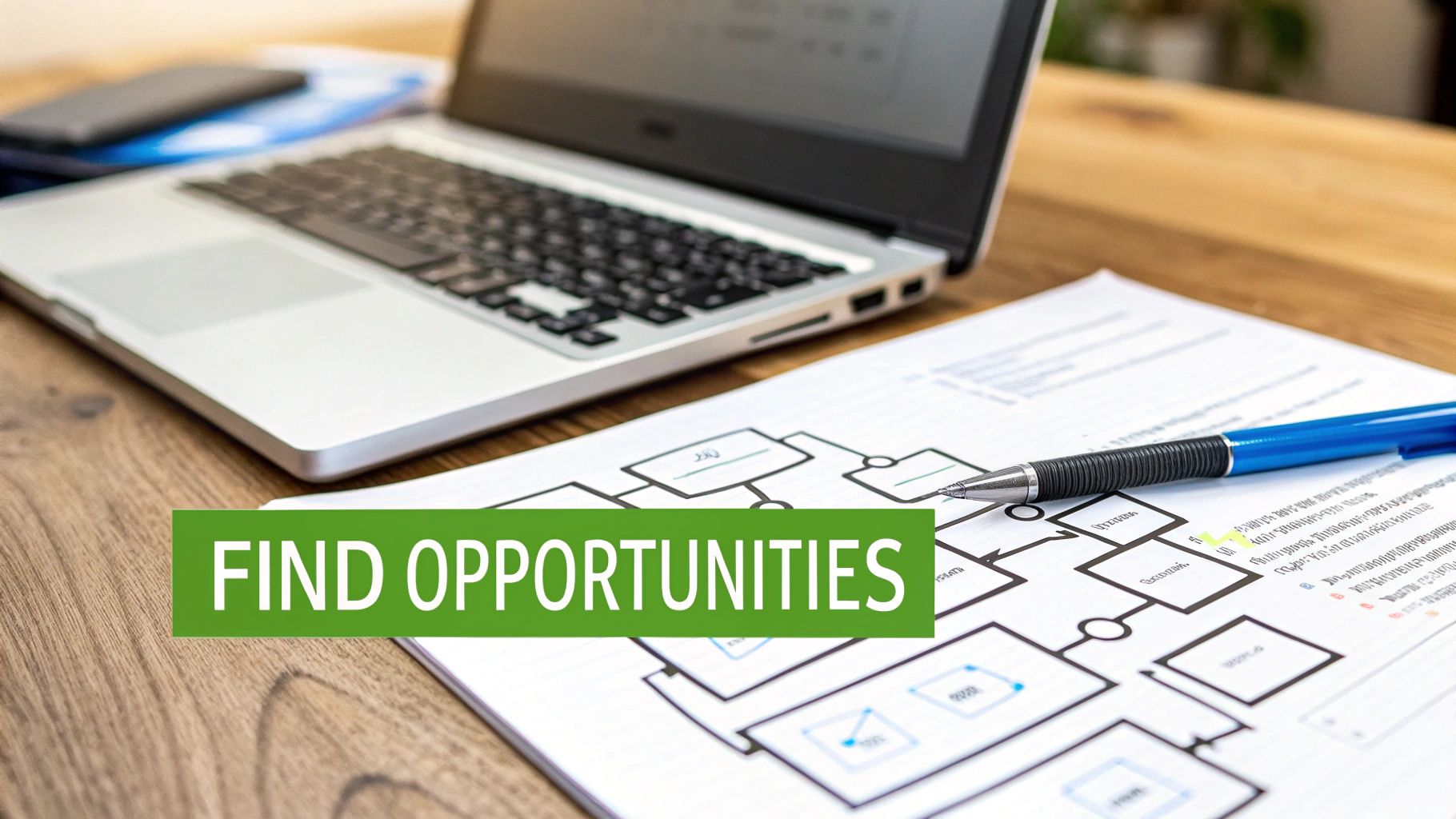 A business professional analyzing a flowchart on a digital tablet, identifying key areas for AI automation within their company's processes.