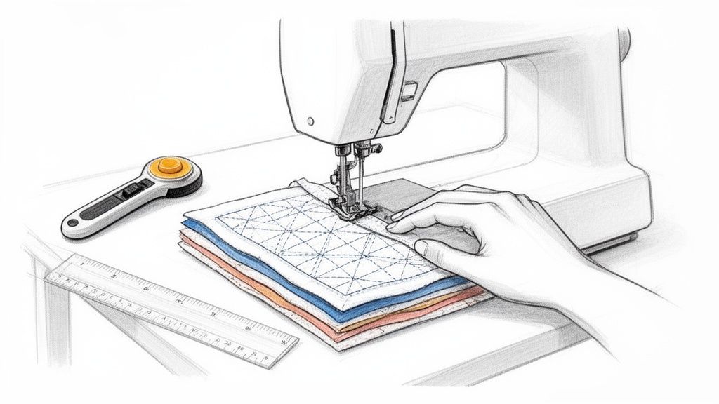 An illustration of a hand guiding fabric through a sewing machine for quilting, with a rotary cutter and ruler nearby.