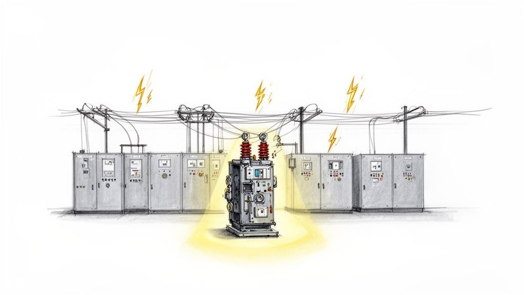 A detailed sketch of an electrical power distribution system with a central glowing transformer and control cabinets.