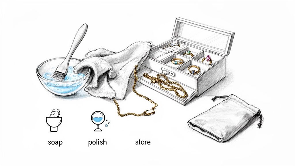 Illustration showing steps for jewelry care: cleaning with soap and brush, polishing with a cloth, and storing in a box or pouch.
