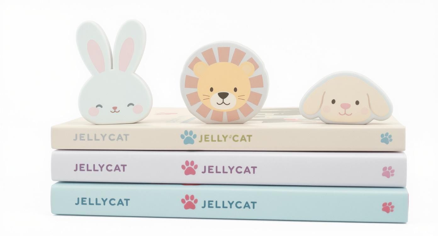 Infographic showing icons for a bunny, lion, and puppy representing top Jellycat books.