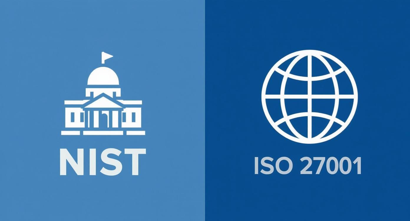 Infographic comparing NIST and ISO 27001 frameworks with government building and globe icons.