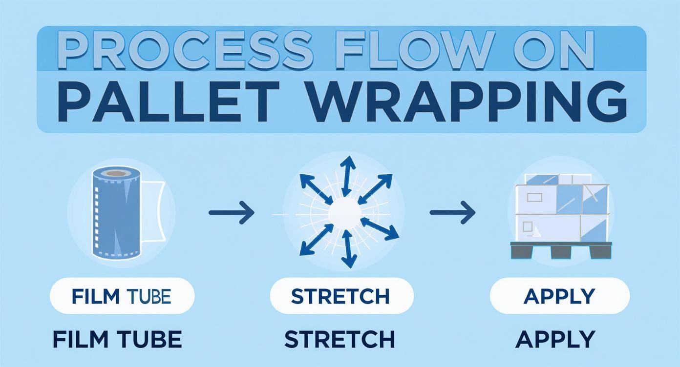 Diagram illustrating the three-step process of film tube stretching and application for pallet wrapping.