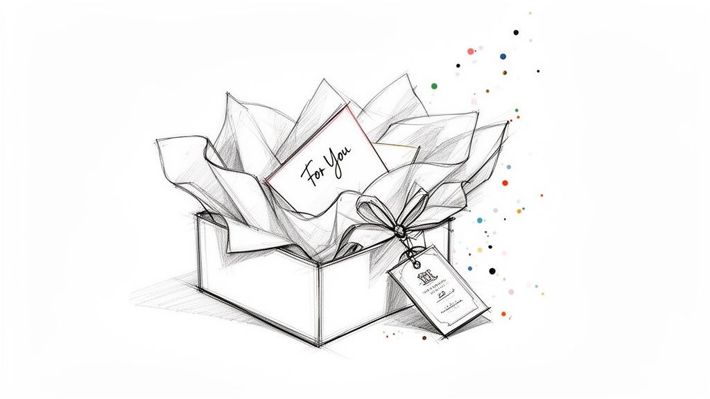 A hand-drawn sketch of an open gift box filled with tissue paper and a "For You" card.