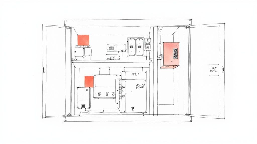 Technical schematic drawing of industrial control panel layout showing electrical components and wiring configuration