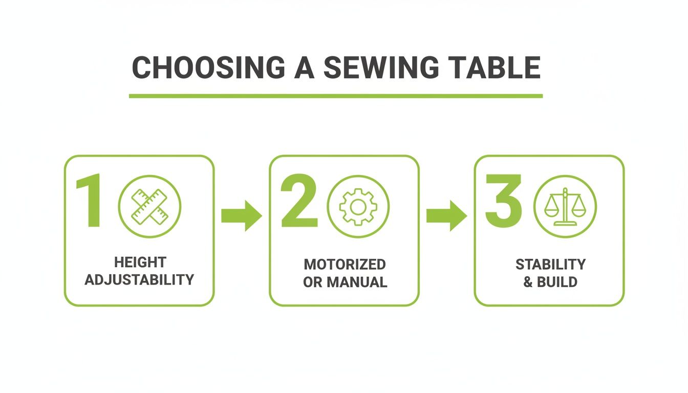 Flowchart outlining three steps for choosing a sewing table: height adjustability, motorized or manual, and stability & build.