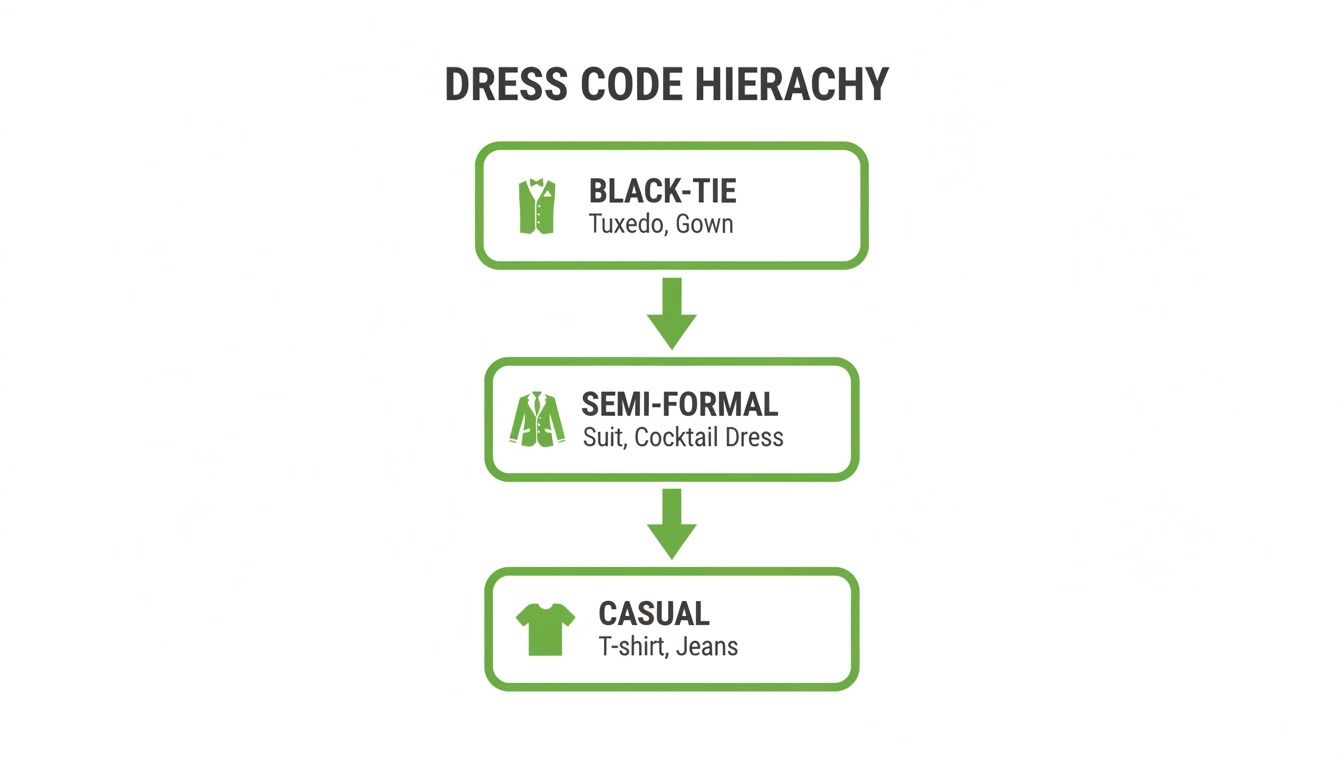 Dress code hierarchy infographic illustrating Black-Tie, Semi-Formal, and Casual attire levels with examples.