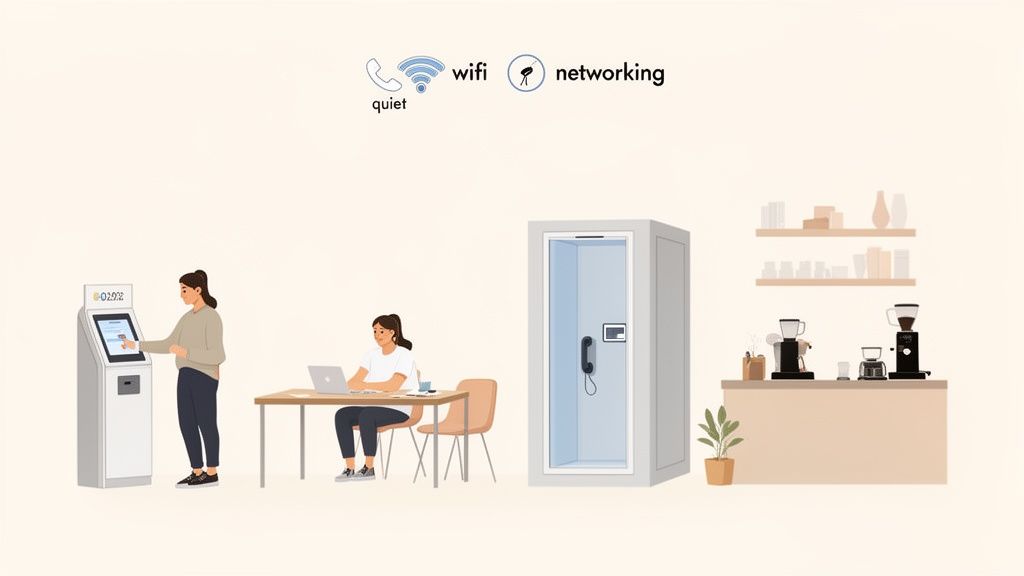 A bright and modern co-working space with various seating options, including workstations, a private booth, and a central coffee area.