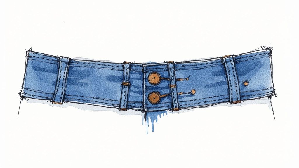 Close-up of metal rivets and a button being installed on a pair of newly sewn jeans.