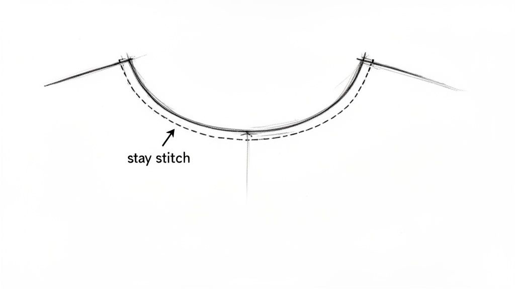 Illustration of a curved seam with a dashed line indicating a stay stitch for sewing.
