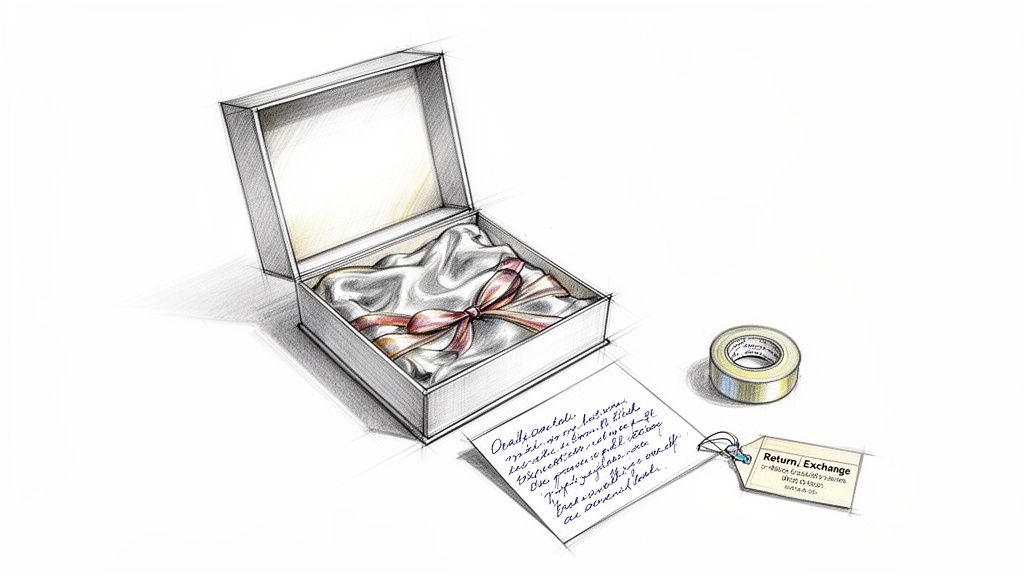 An illustration of an open gift box with a silk cloth and ribbon, a note, a return tag, and tape.
