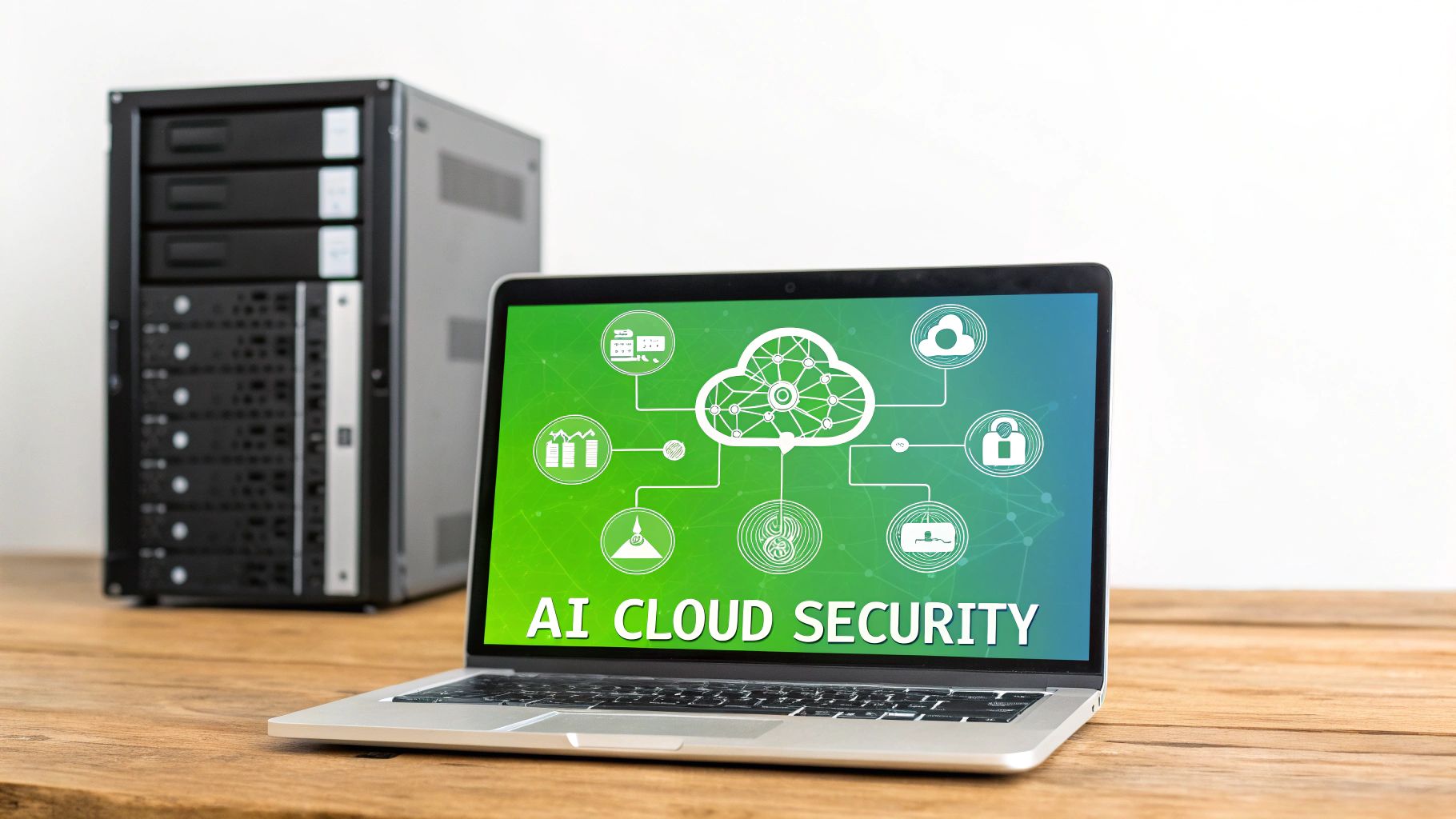Laptop on a wooden desk showing an 'AI Cloud Security' diagram with a server.