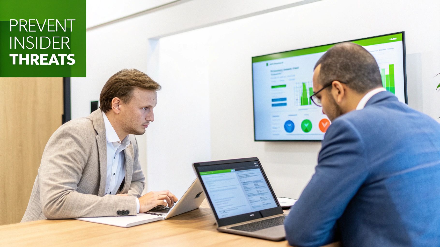 Two businessmen collaborate on laptops in an office, discussing data to prevent insider threats.