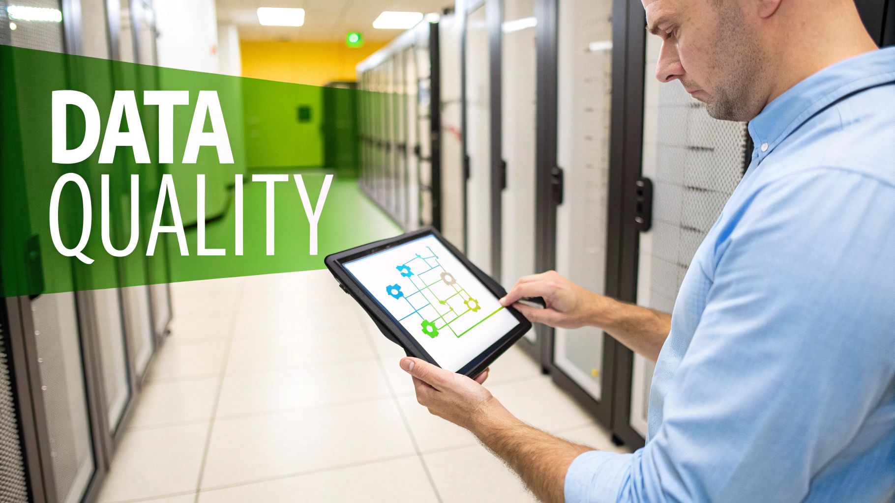An IT professional reviews data quality on a tablet displaying a network diagram in a server room.