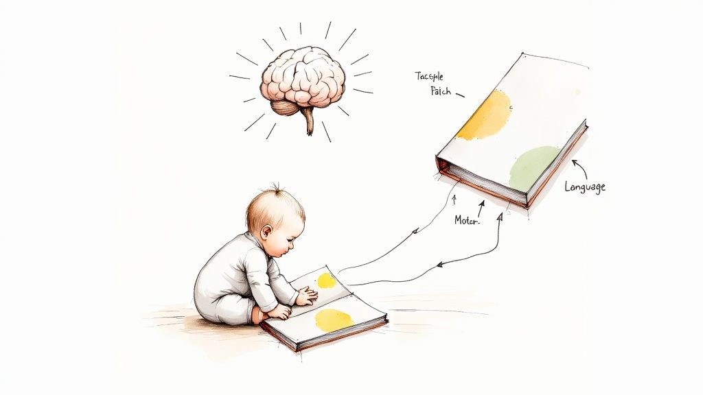 A baby interacts with a book, illustrating how tactile, motor, and language stimuli spark brain development.