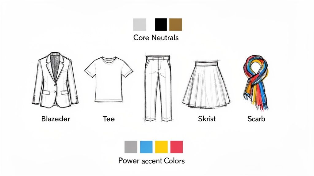 Illustration of core neutral and power accent colors with clothing items: blazer, tee, pants, skirt, and scarf.