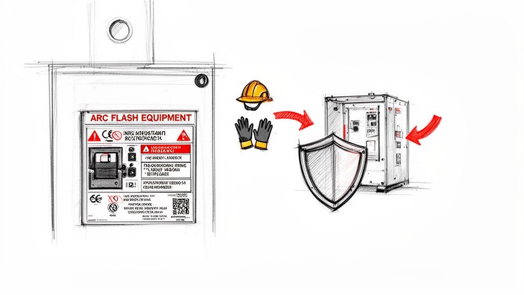 A safety diagram illustrating arc flash equipment, with protective gear like a hard hat and gloves, and a shield for safety.