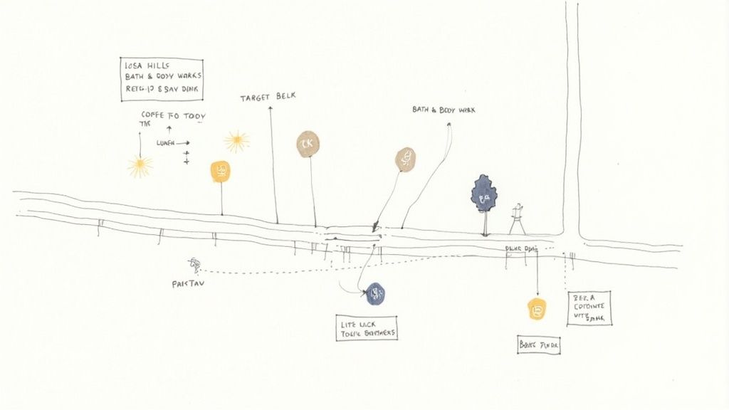 A bustling shopping center street with various retail stores and restaurants