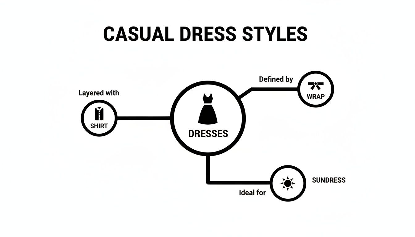 Diagram illustrating casual dress styles, including dresses layered with shirts, wrap dresses, and sundresses.