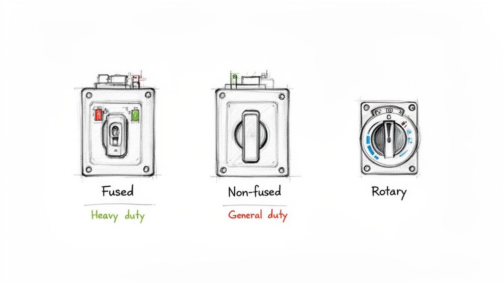 Sketch illustrating three types of disconnect switches: fused (heavy duty), non-fused (general duty), and rotary.
