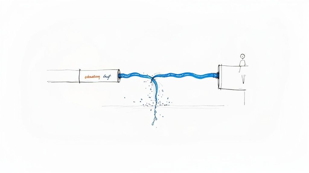 A hand-drawn illustration shows a pipe labeled 'trust' leaking blue liquid, observed by a stick figure.