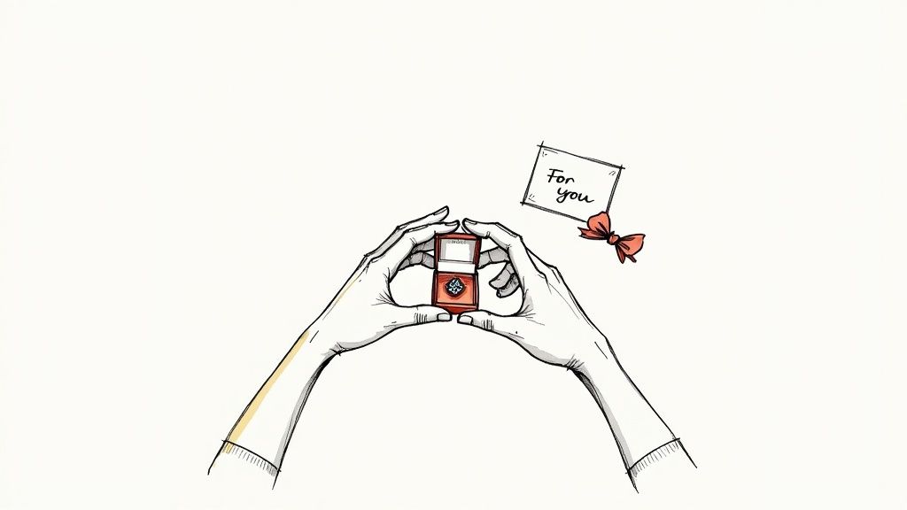 A pair of hands gently holding an open red ring box with a sparkling diamond ring inside, next to a 'For you' note and a red bow.
