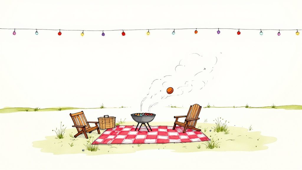 A whimsical watercolor illustration of a summer picnic with a BBQ, chairs, string lights, and a flying disc.