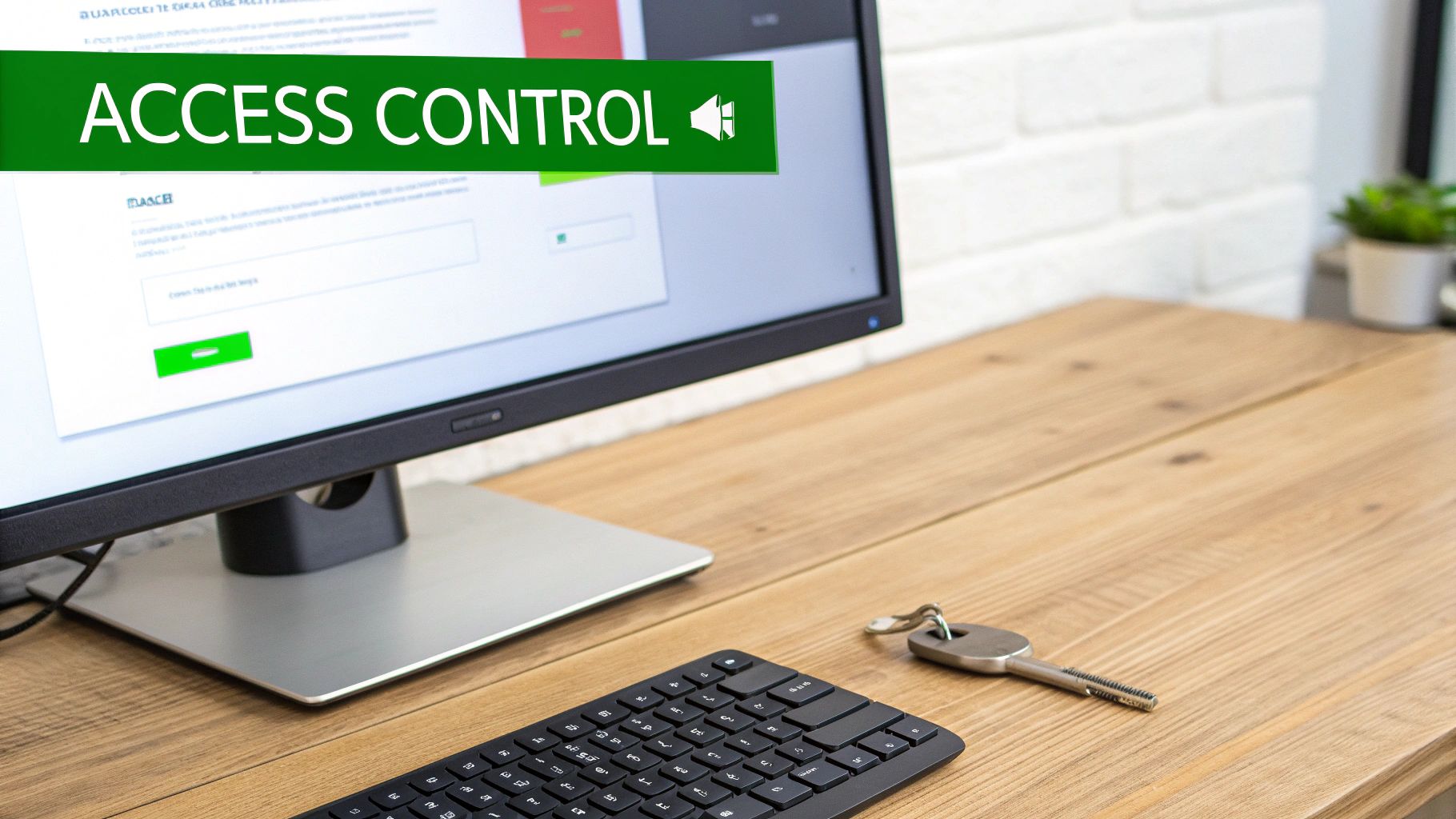 A computer monitor displaying 'ACCESS CONTROL' on a green bar, with a keyboard and key on a wooden desk.